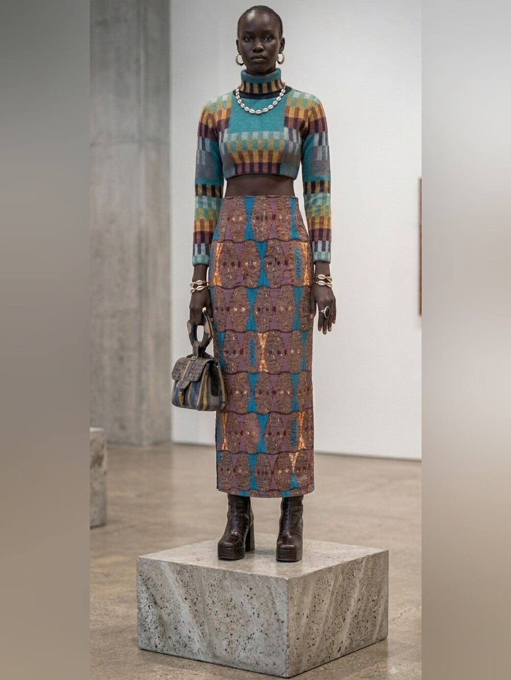 Ofuure African Print Midi Skirt Ankara Geometric Blue Brown High Waist Zip Slit - Picture 2 of 3
